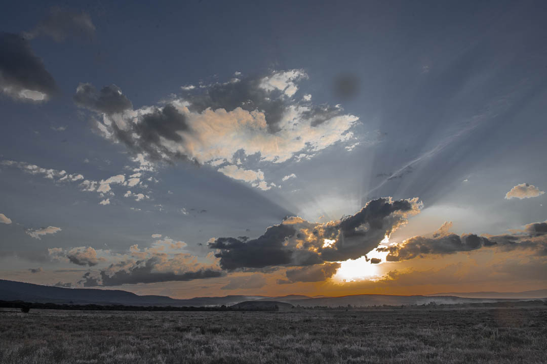 Savanna landscape at sunrise with dramatic light rays over distant hills