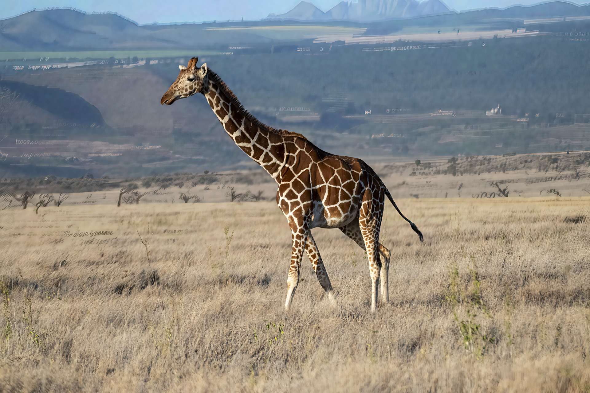Reticulated giraffe walking across the Laikipia savanna